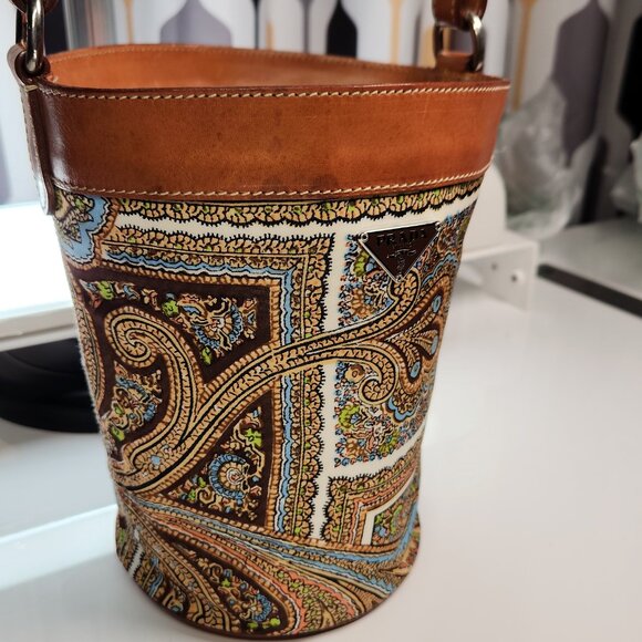 Rare Prada Vintage Paisley Small Bucket Bag Purse Blue Brown White Preowned - Picture 3 of 16